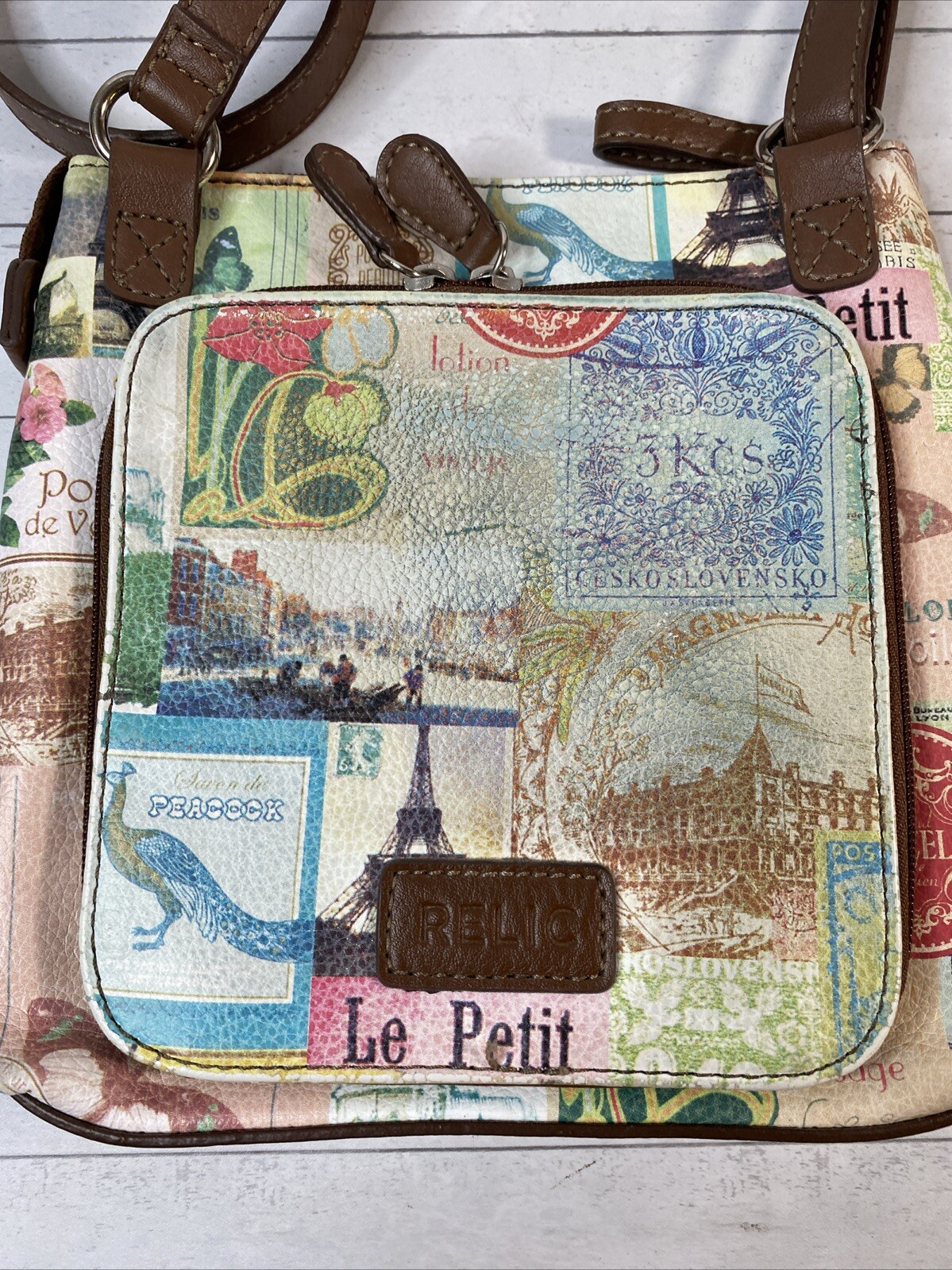Relic Crossbody Purse Paris Theme Multicolor 8 X 8.5 Inches