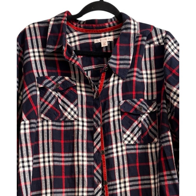 Est 1962 Plaid Button Up Classic Fall LS Top Blouse 2X Black Red Preppy