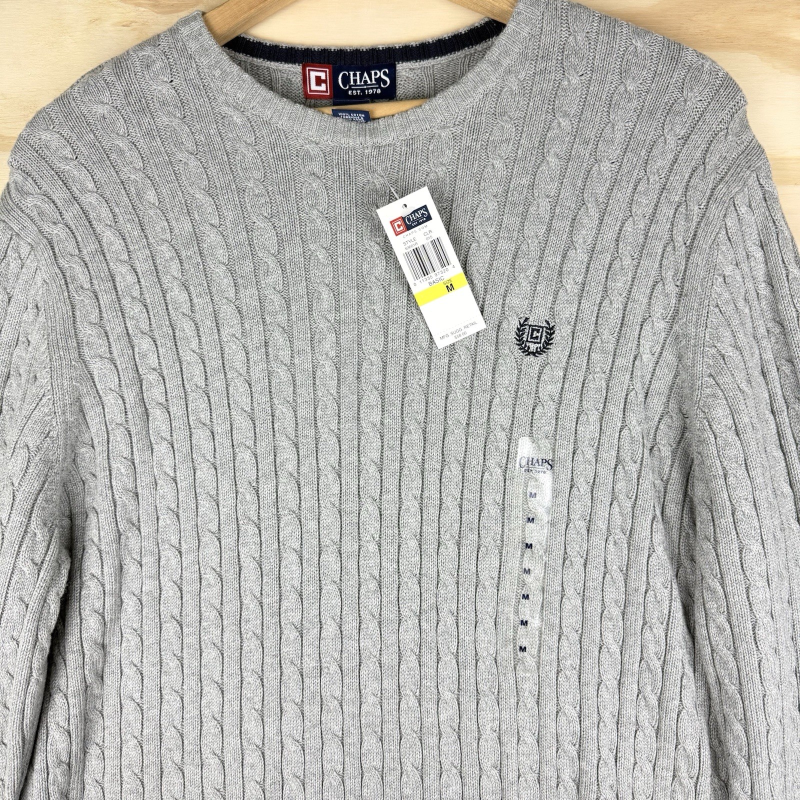 Men’s Chaps Sweater Medium Cable Knit Chunky Fisherman Pullover Crewneck Sweater