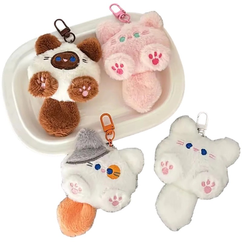 Plush Cat Keychain Bag Charm Pendant for Girl Purse Backpack White Pink 11cm