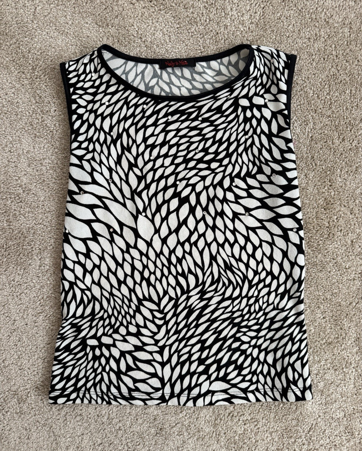 Nally & Millie Black White Abstract Rhinestone Scoop Neck Tank Top Women’s XS