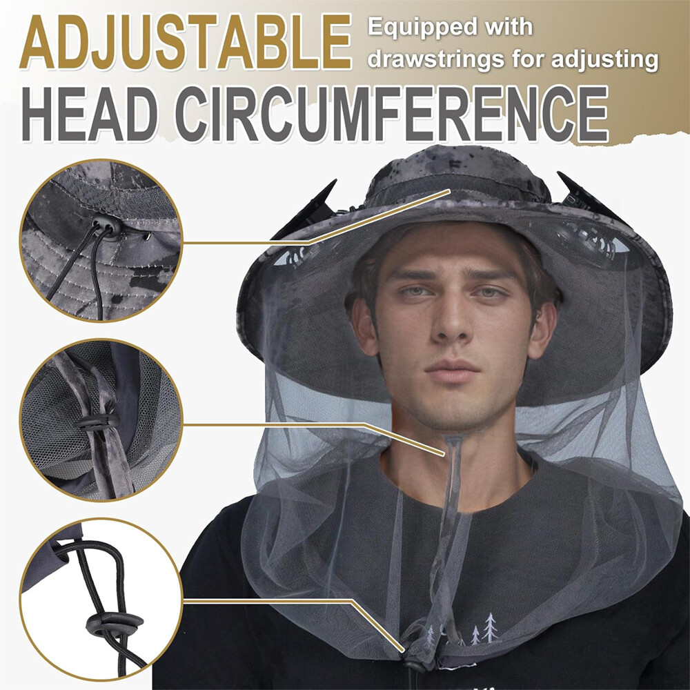 Solar Fan Hat With Mosquito Net Men Wide Brim Fishing Outdoor Bucket Sun Hat Cap