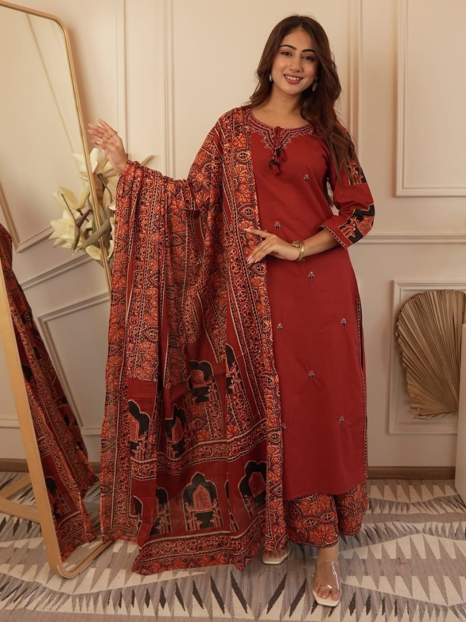 BOHO EMBROIDERED COTTON KURTI PANT DUPATTA SET WOMEN 3PC POCKET SUIT SIZE 3XL UP