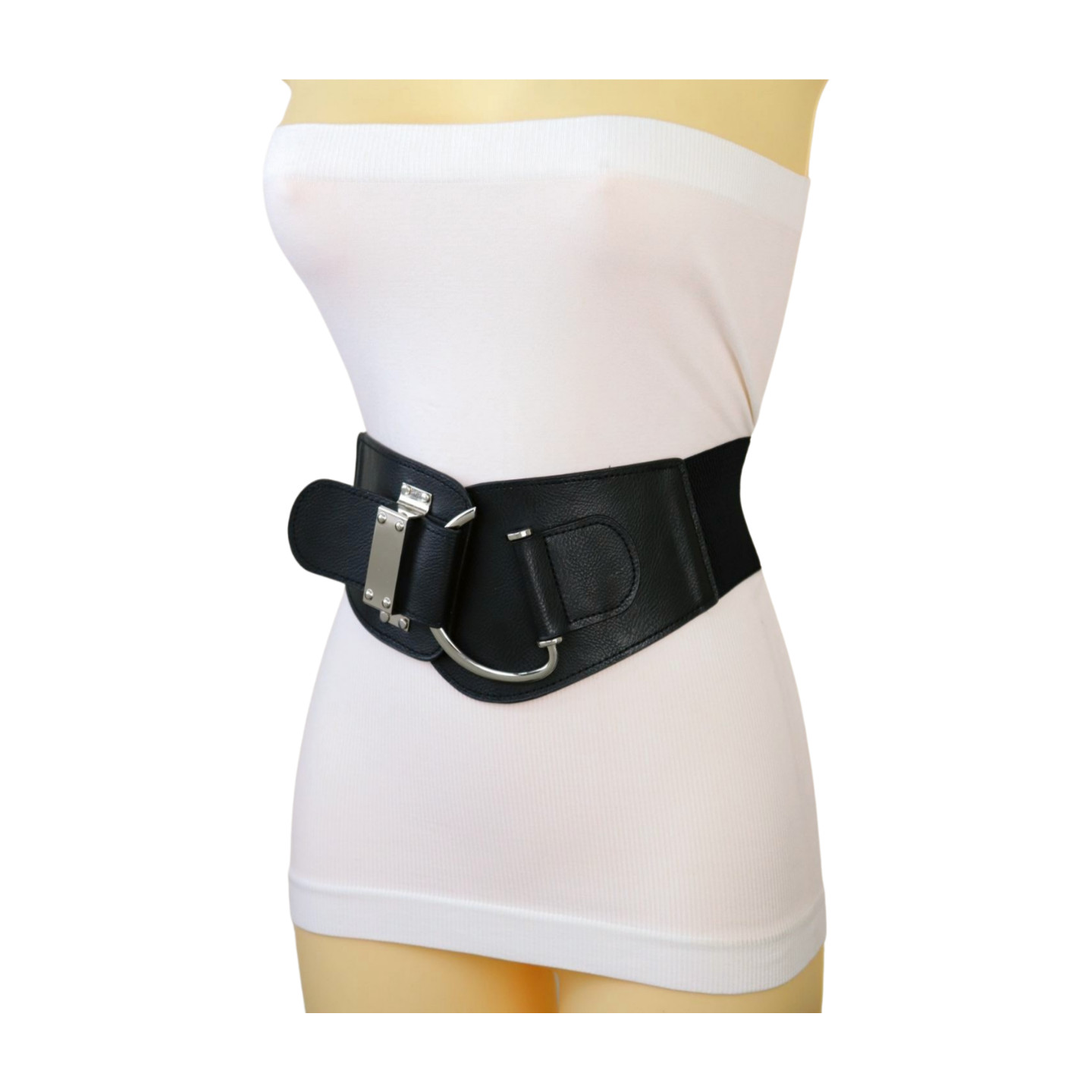 Women Black Wide Elastic Fashion Hip Waist Belt SILVER Metal Hook Buckle Fit S M