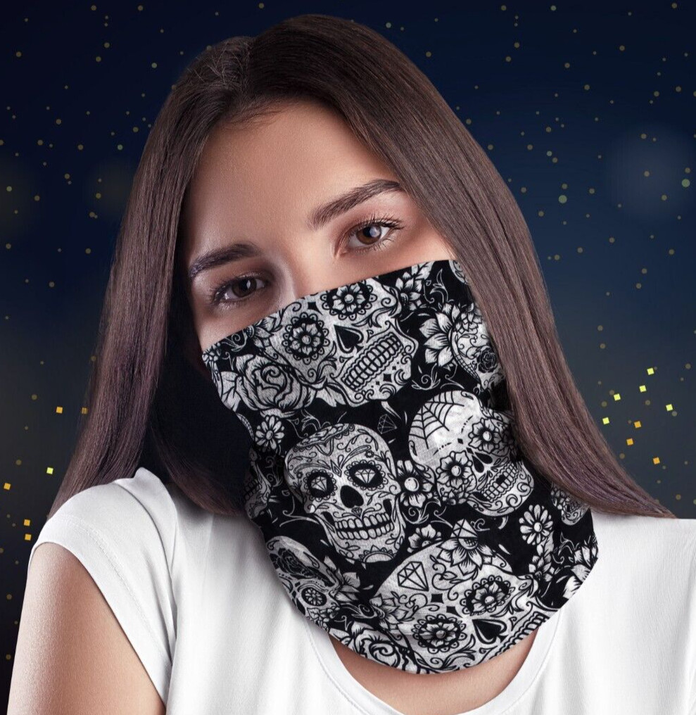 Sugar Skull Headscarf Tube Biker Face Cover Mask Neck Gaiter Bandana Balaclava