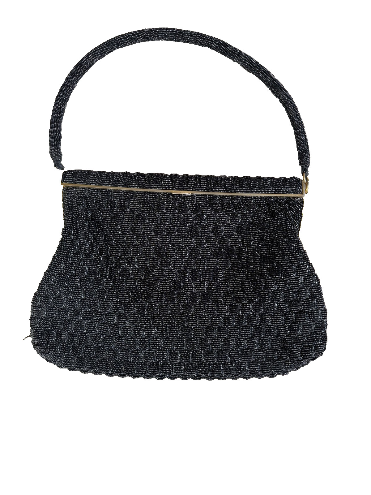 beaded clutch, small strap, gold detail, black, satin interior, square shape