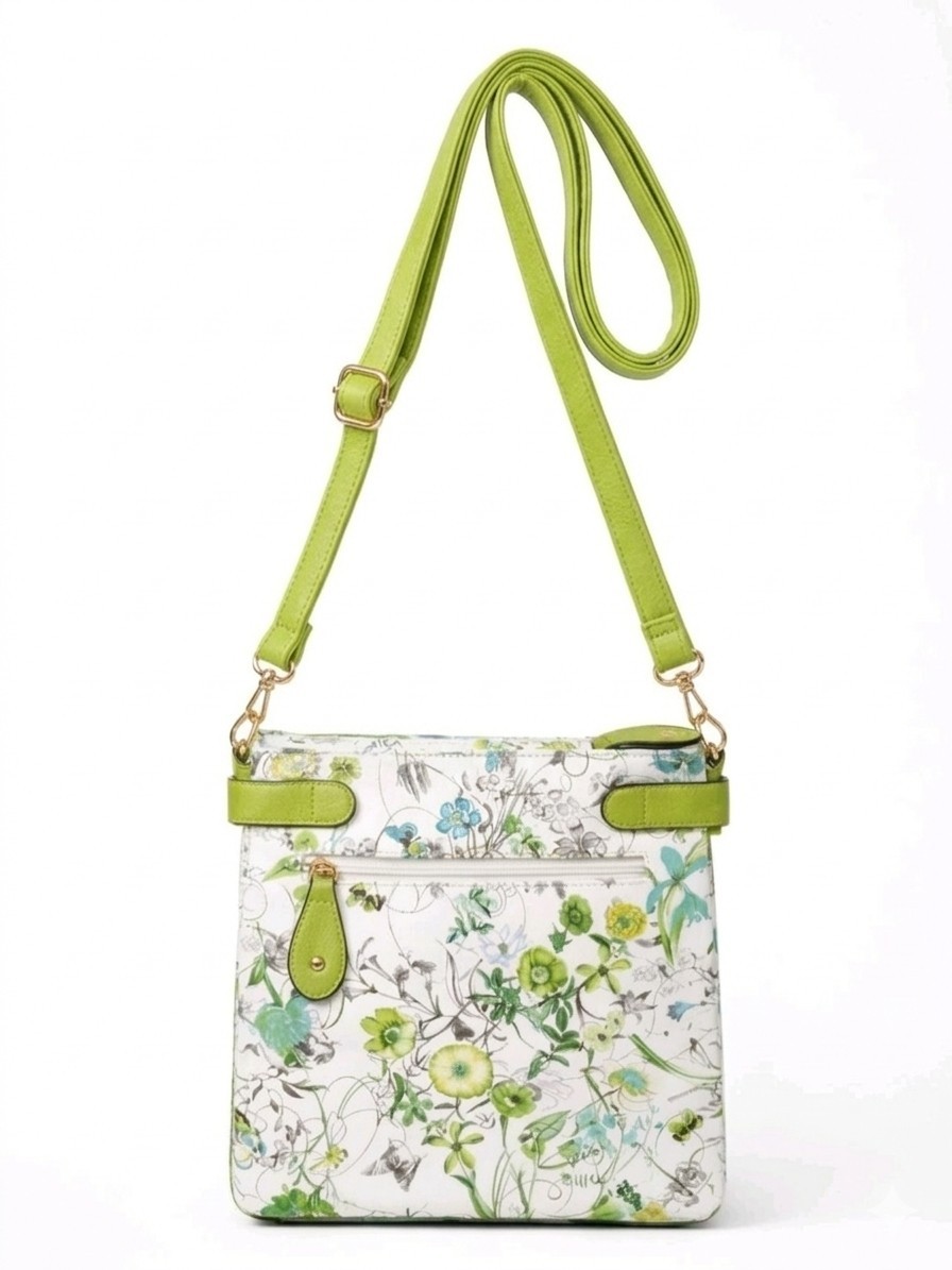 Lime Green Floral Bloom Crossbody Vegan PU Leather Bag – Multi Pocket