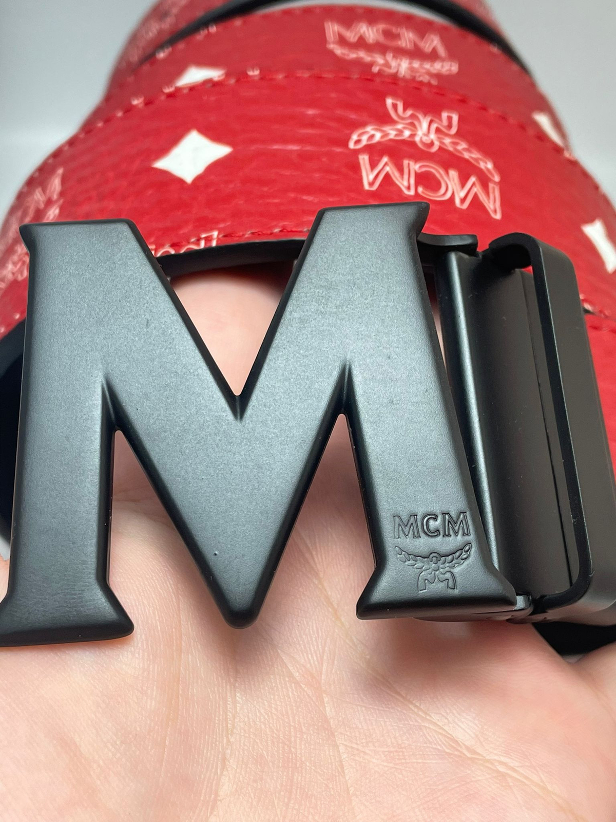 Authentic MCM Red Reversible Leather Belt with shopping bag