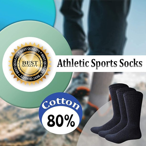 Mens Cushioned Crew Cotton Black Long Mid-calf Sports Work Socks Size 9-11 10-13