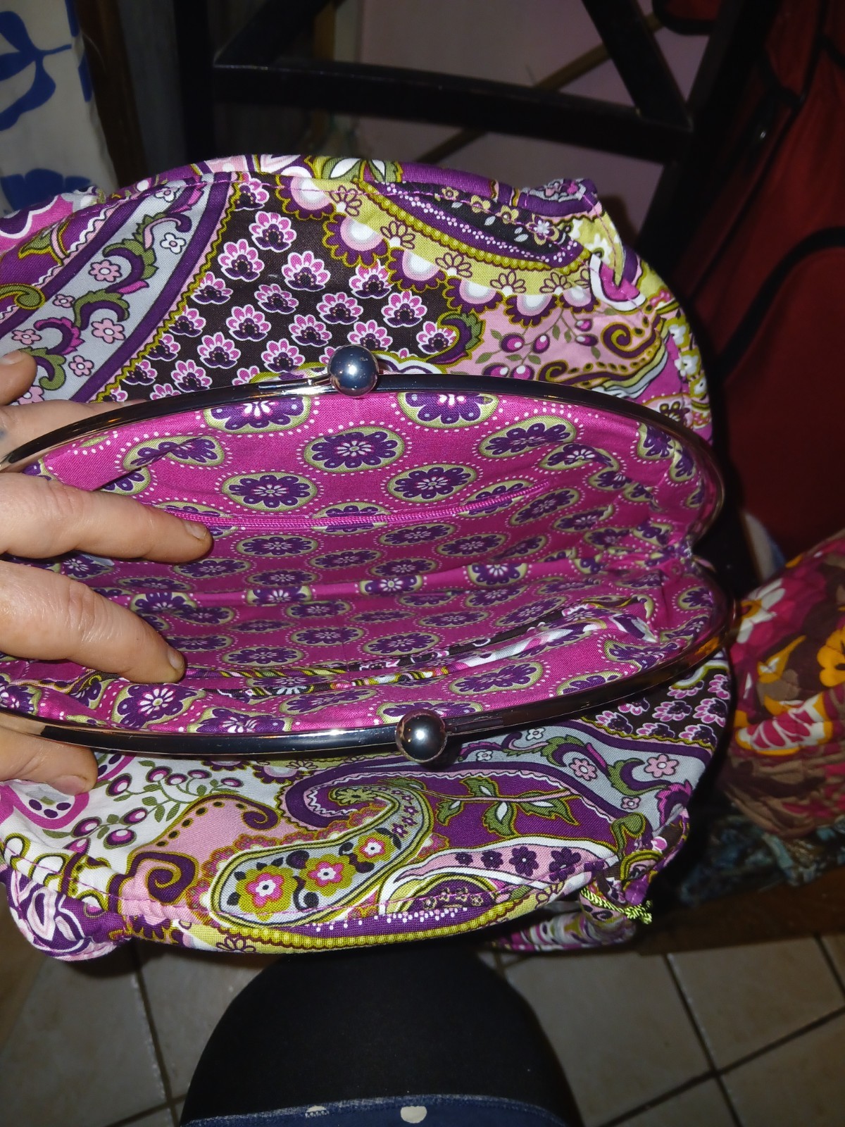Vera Bradley Purple Pink Floral Paisley Quilted Kisslock Top Handle, Pockets