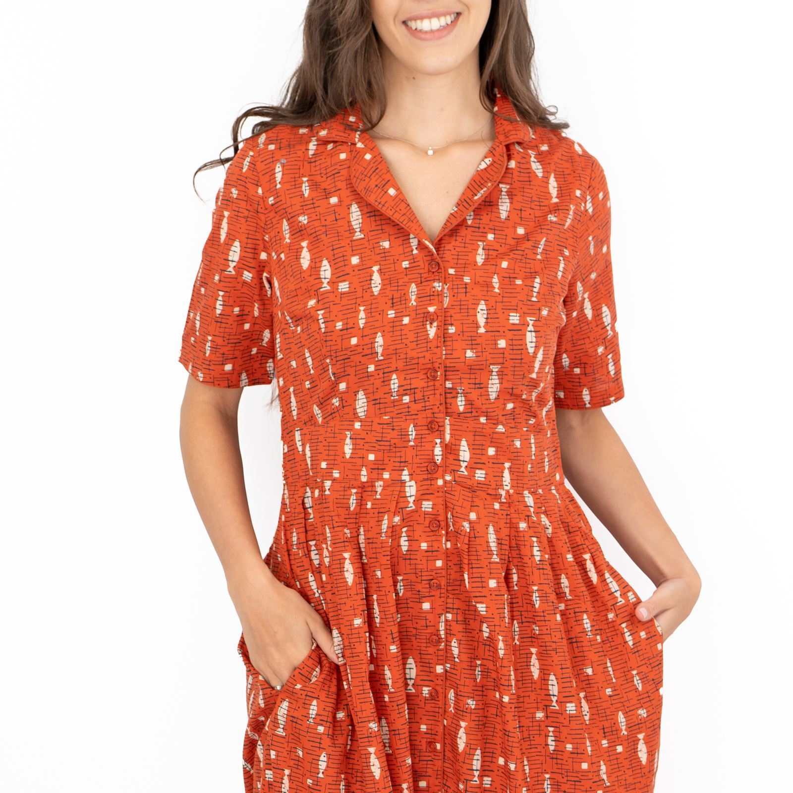 Seasalt Womens Dress Charlotte Fish Orange Cotton Midi Fit & Flare Pockets