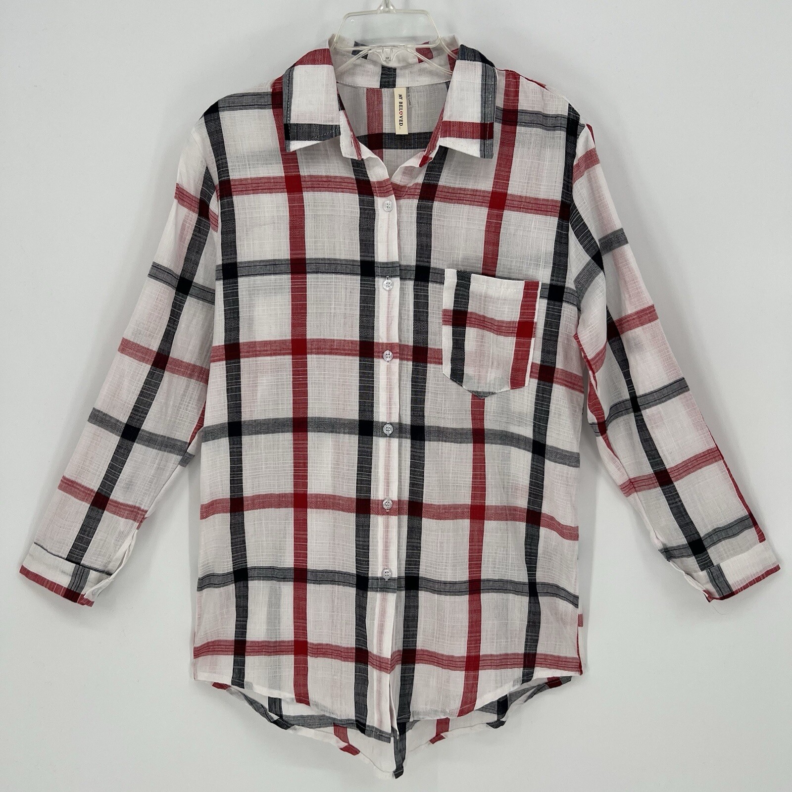 Mybeloved Top Women’s White, Red & Navy Plaid Button-Up w/Roll Tab Sleeves NWOT