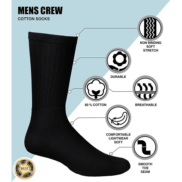Mens Cushioned Crew Cotton Black Long Mid-calf Sports Work Socks Size 9-11 10-13