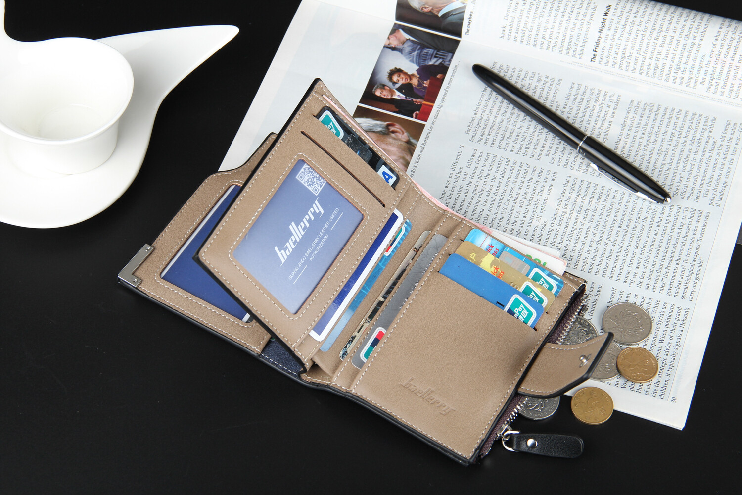 Mens Leather Trifold Wallet Short Purse with Hasp Zipper Pocket Muli-card Holder
