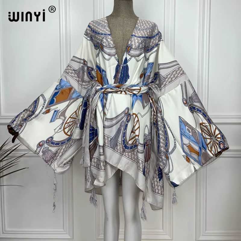 Red Africa Dress Women Cardigan Silky Robe Kimono Dress Cruise Wear Beach Dress
