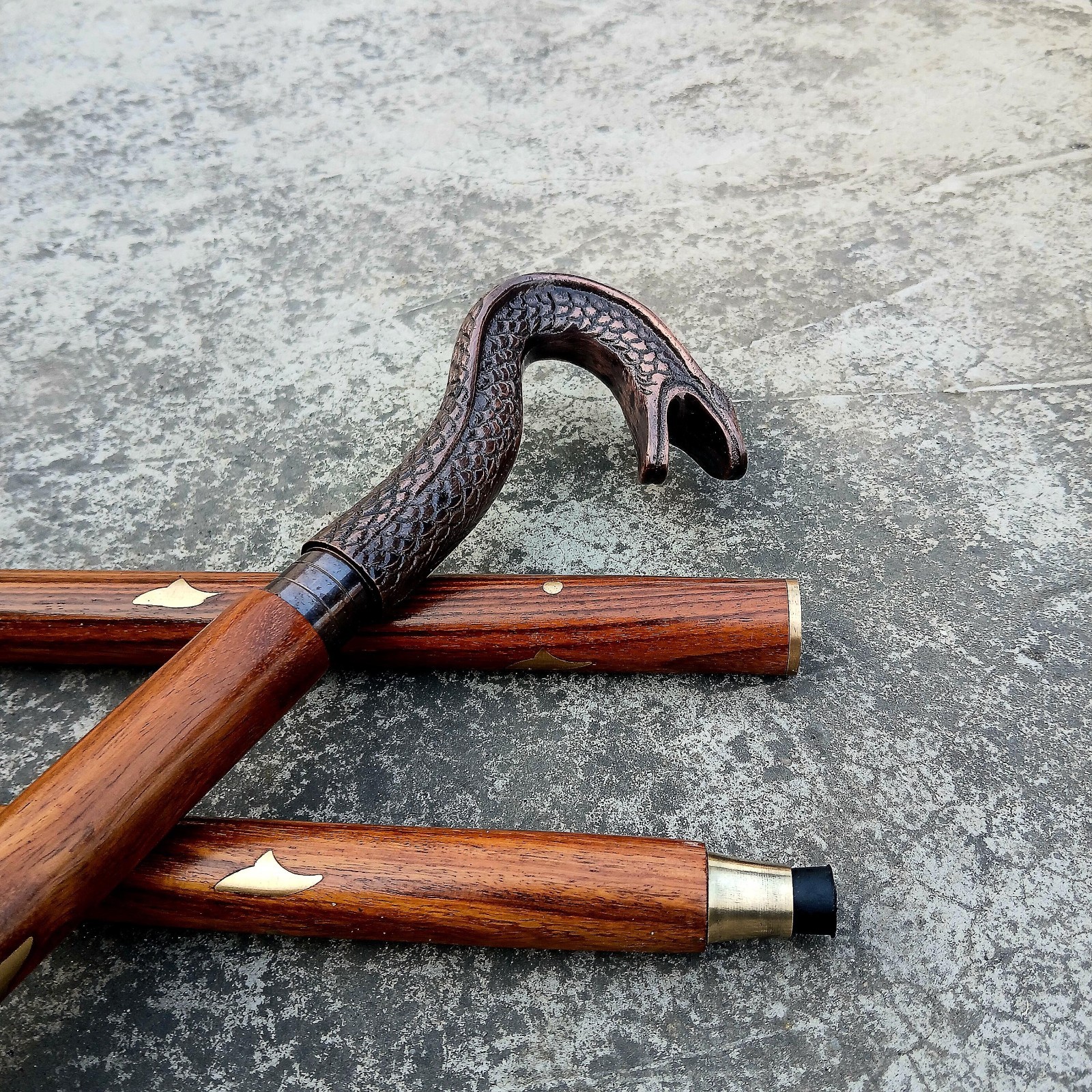 Antique Vintage Brass Snake Head Walking Stick: Decorative Wooden Cane