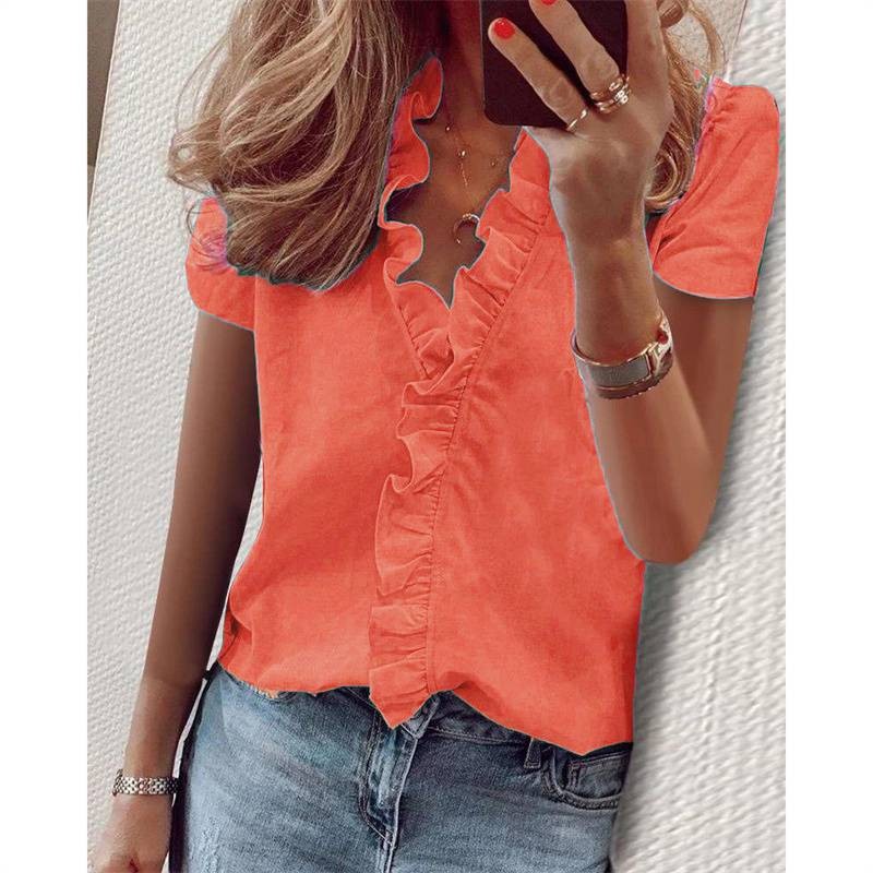 Womens T Shirt Summer Ladies Blouse Loose Pure Tops V neck Short Sleeve