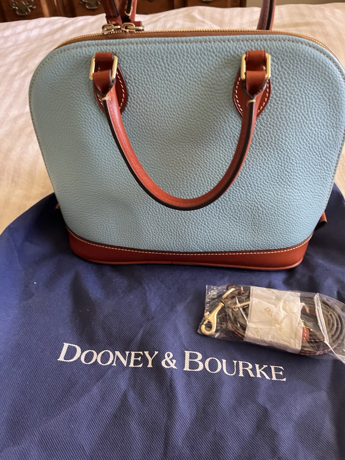 Dooney & Bourke Pebbled Dome Med Satchel Zip Blue/Brown Strap Dust Bag Gold HW