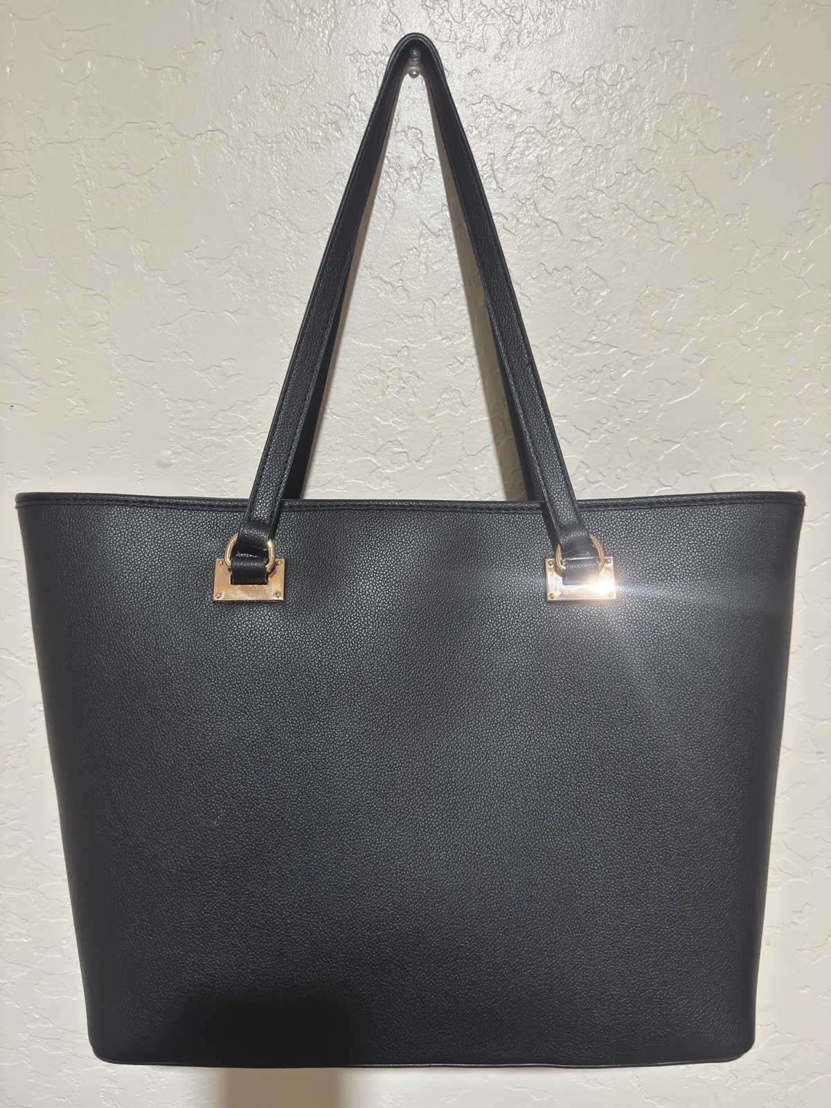 Anne Klein Women’s Work Tote Bag Black Pebbled Faux Leather Gold Hardware Purse￼