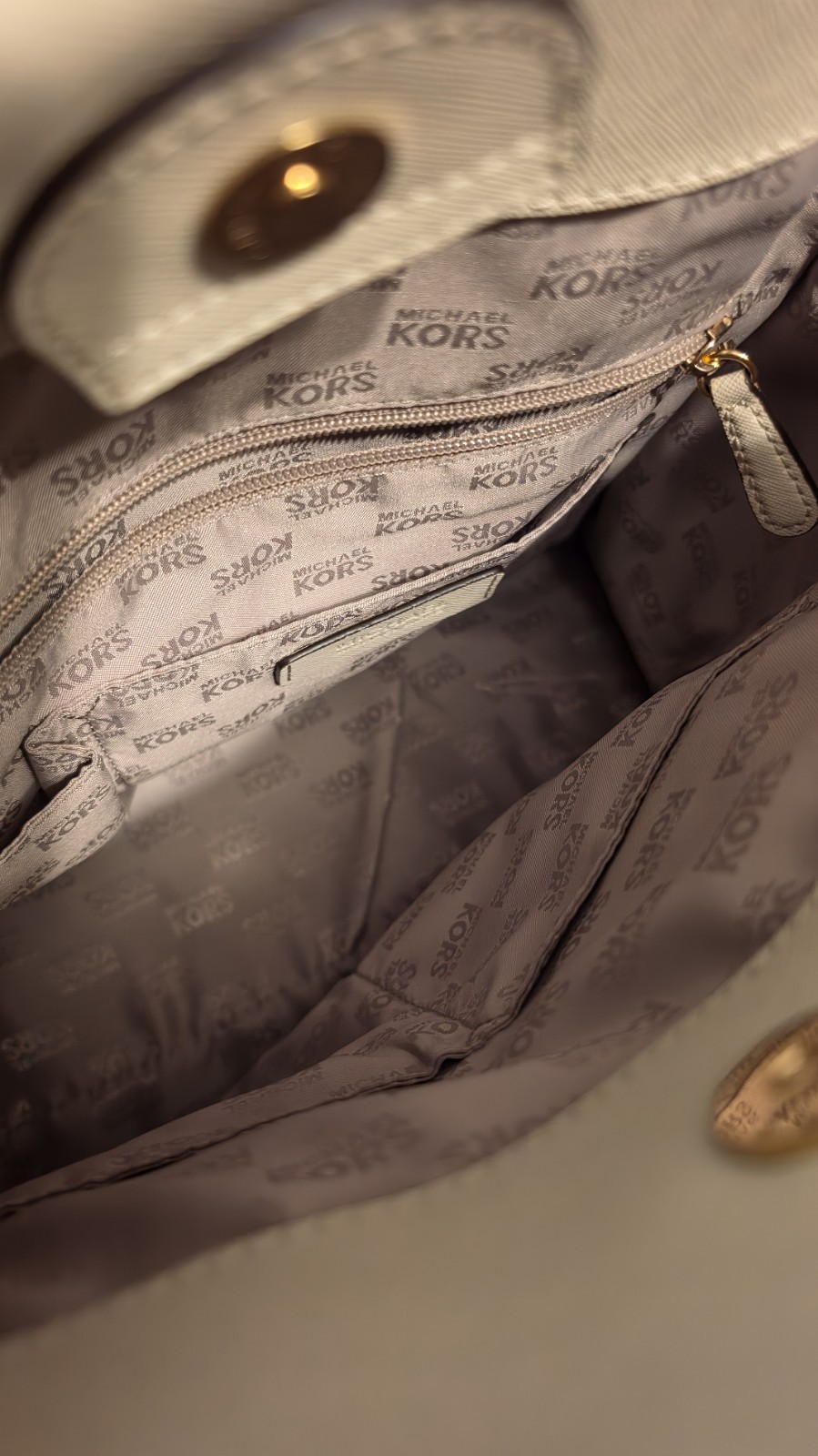 Michael Kors Beige Satchel Top Handle Bag Gold Hardware Zip Padlock w/ Dust Bag