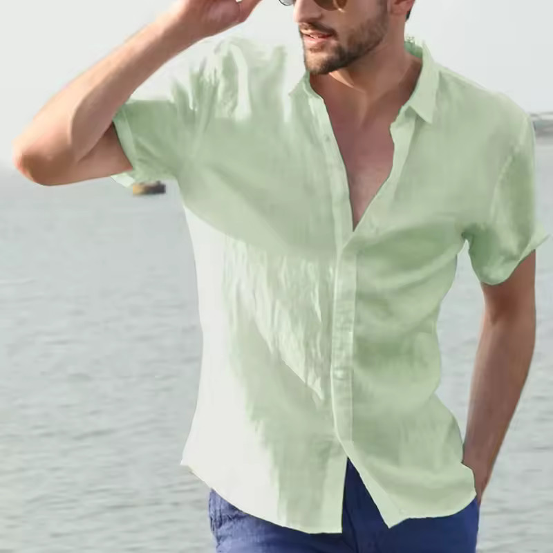 Men’s Summer Cotton Linen Short Sleeve Shirt Casual Solid Button-Down M-3XL