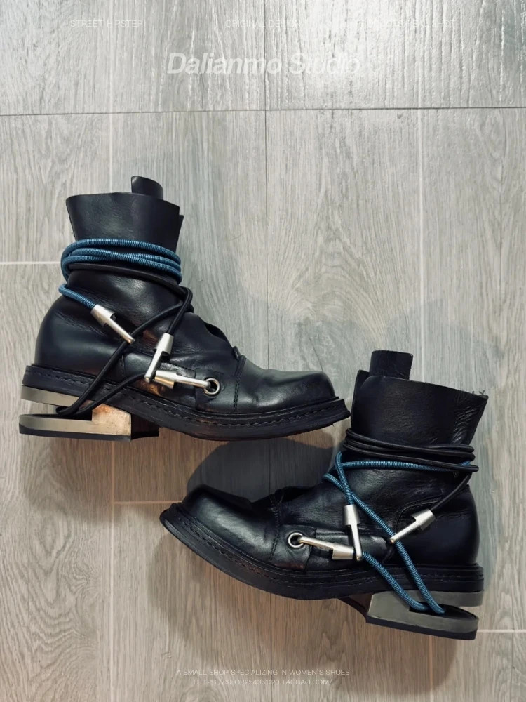 Men’s Motorcycle Boots Metal Chunky Heel Mid-Calf Round Toe Western Boots Couple