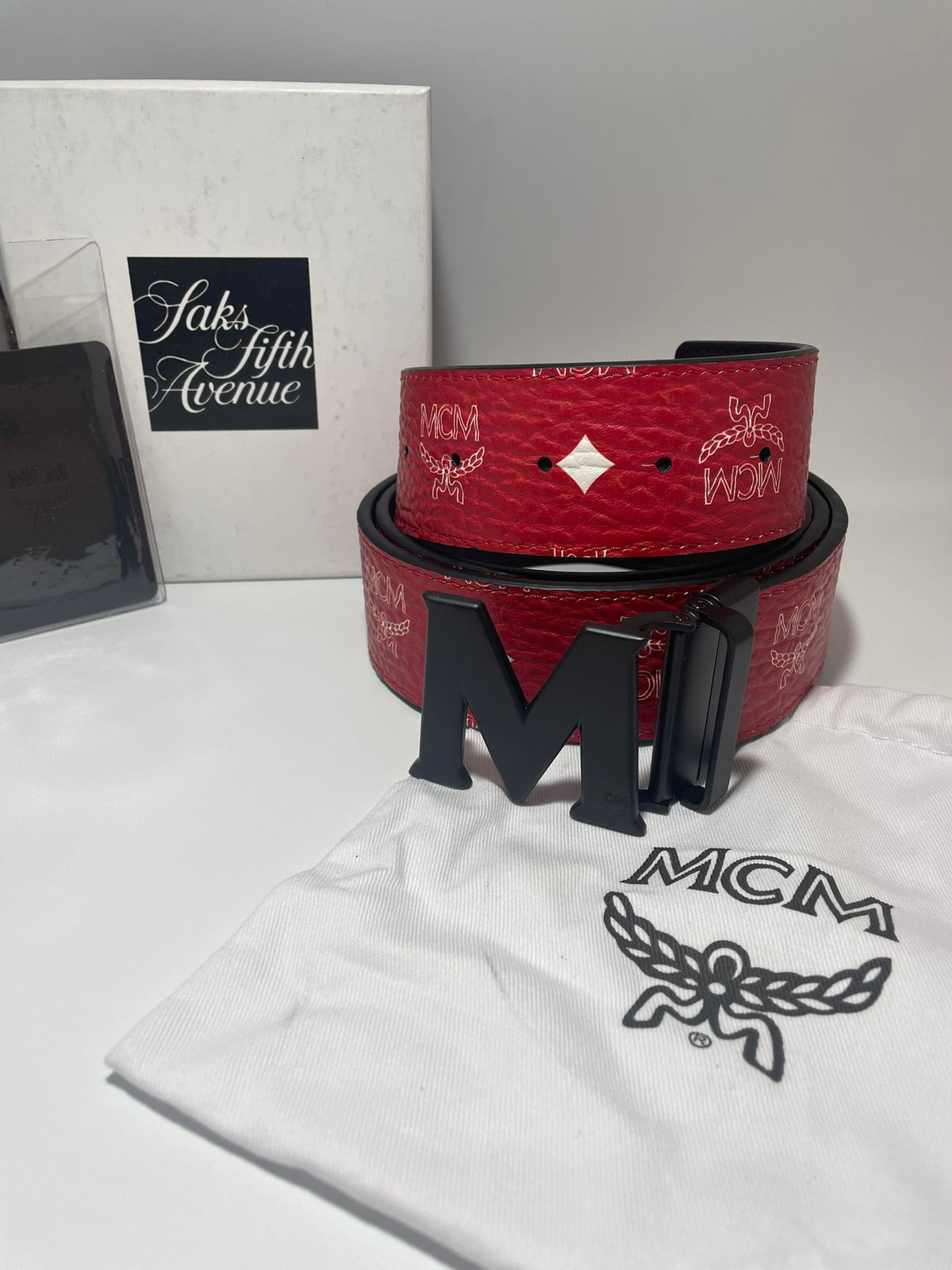 Authentic MCM Red Reversible Leather Belt with shopping bag