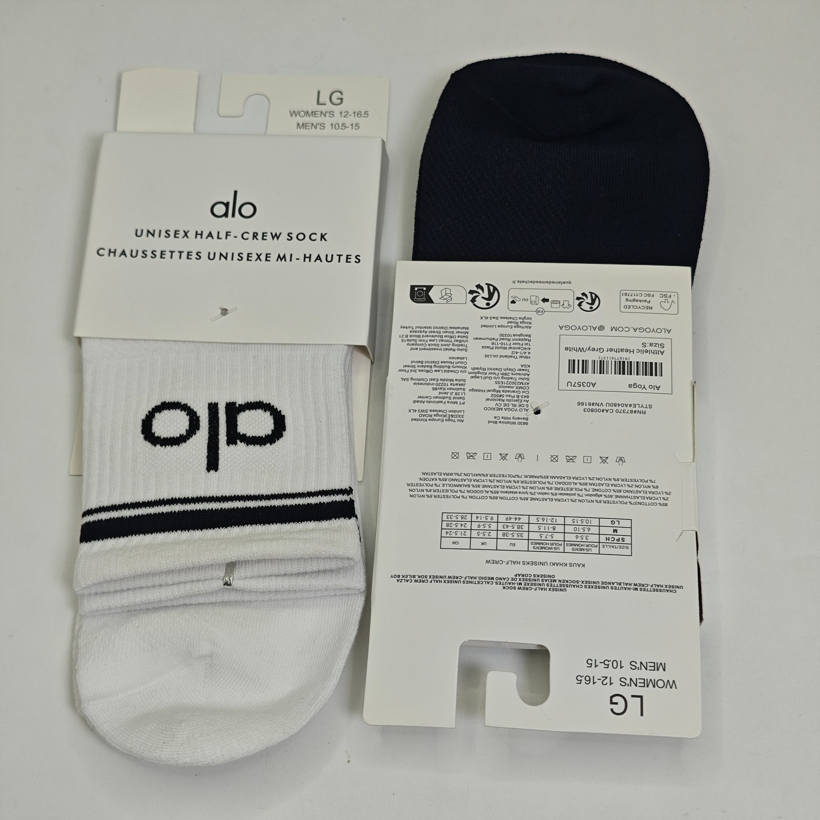 Alo Unisex Half Crew Socks Black White Size L 2 Pairs Bundle
