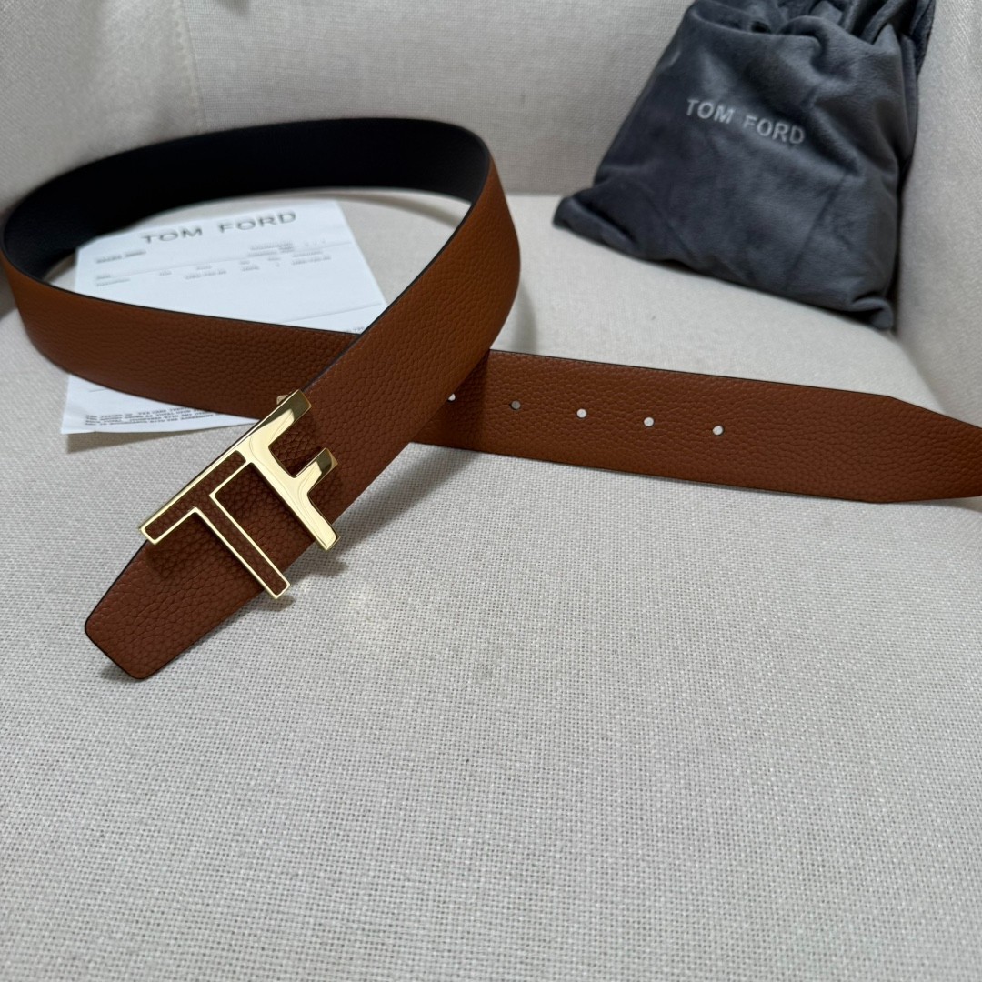 Tom Ford Reversible Leather Gold Metal T-Buckle Decorated Belt