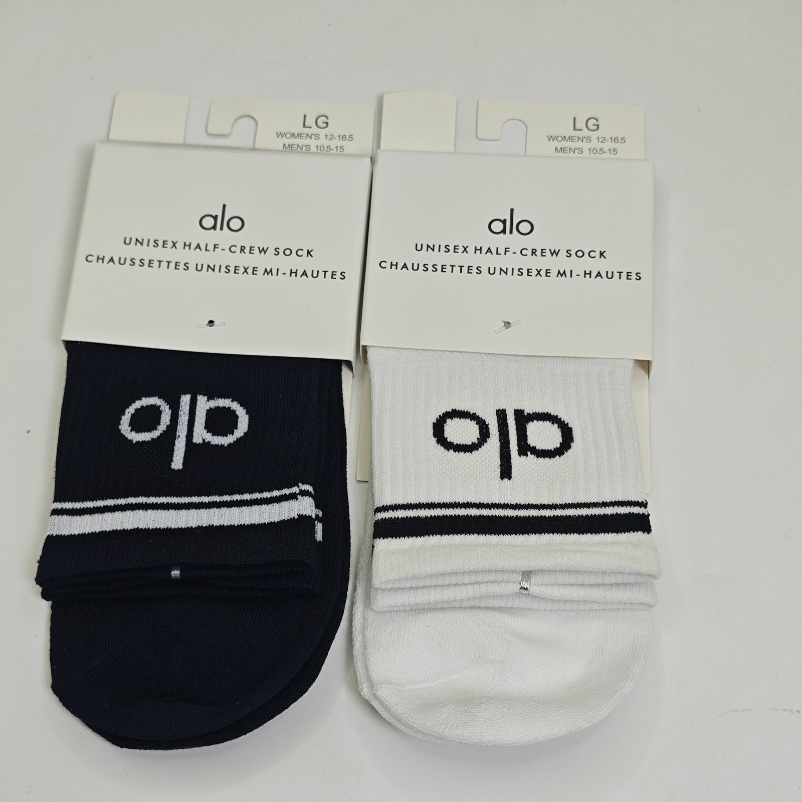 Alo Unisex Half Crew Socks Black White Size L 2 Pairs Bundle