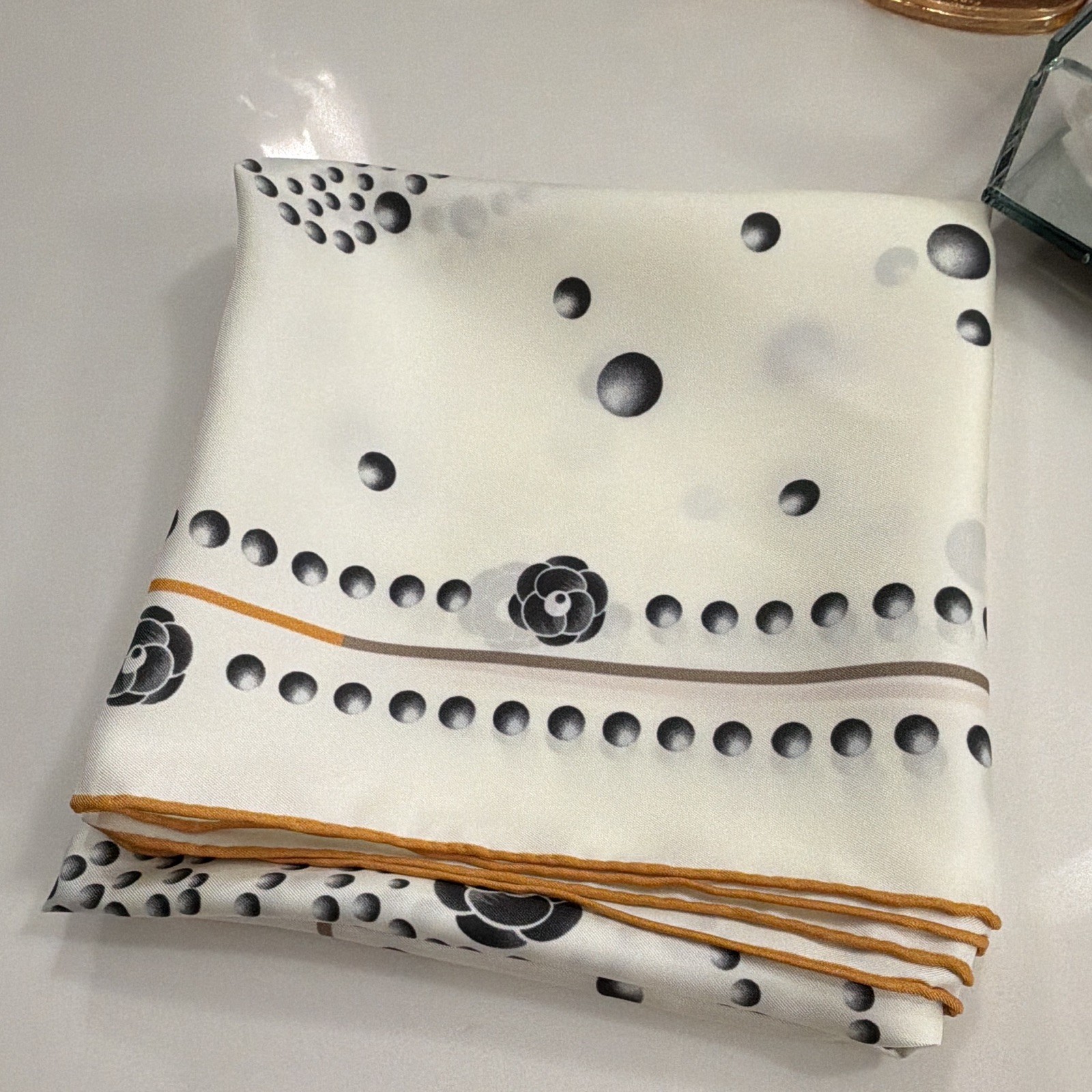 CHANEL White Silk Square Scarf Black Camellia Dot Floral Print Orange Trim