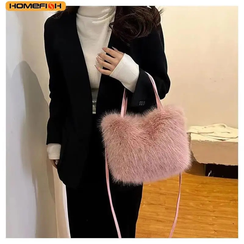 Faux Fur Tote Bag Women’s Bucket Plush Luxury Design Ladies Handbags