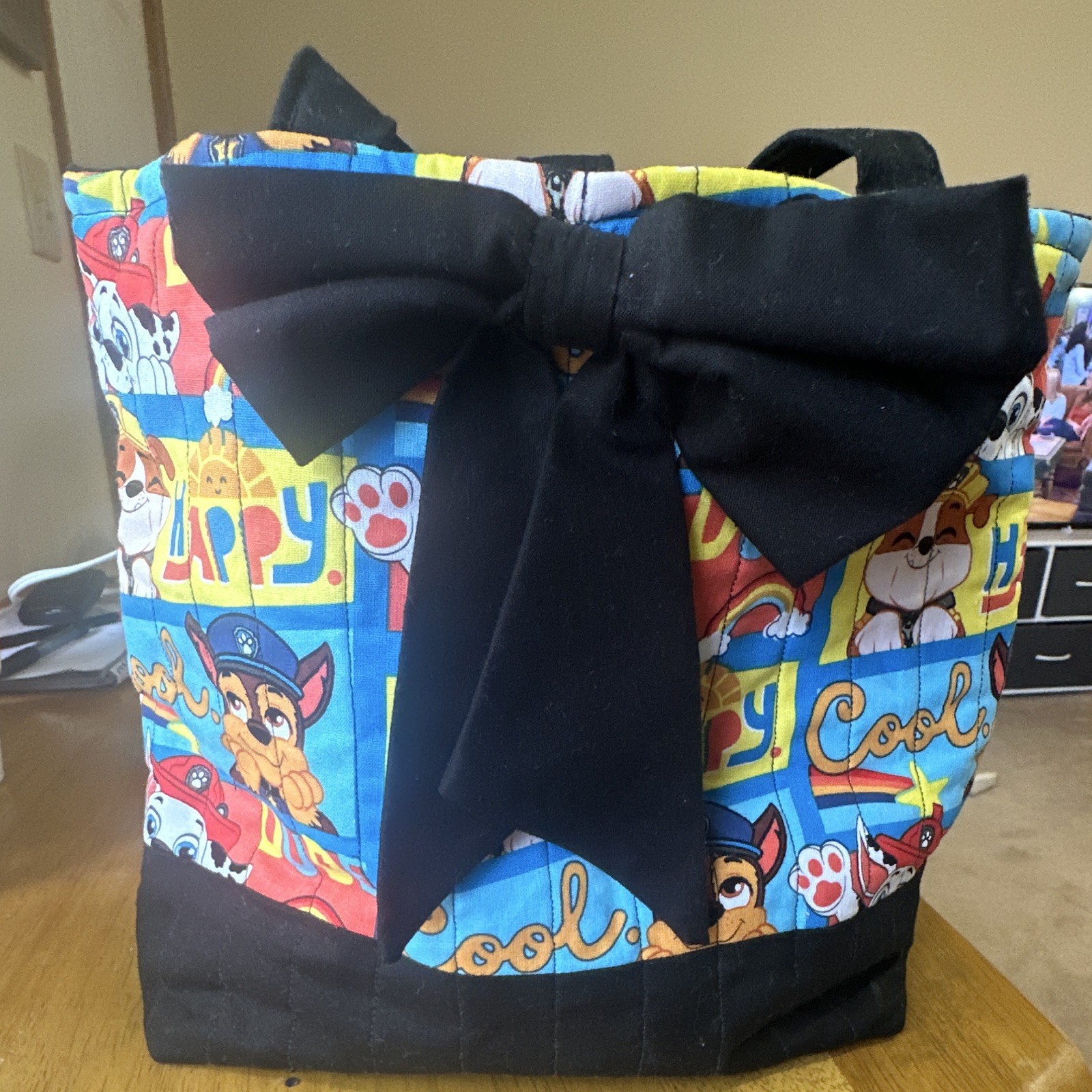 Paw Patrol handmade quilted Tote Bag, Bow Accent, button, Lined, Pockets