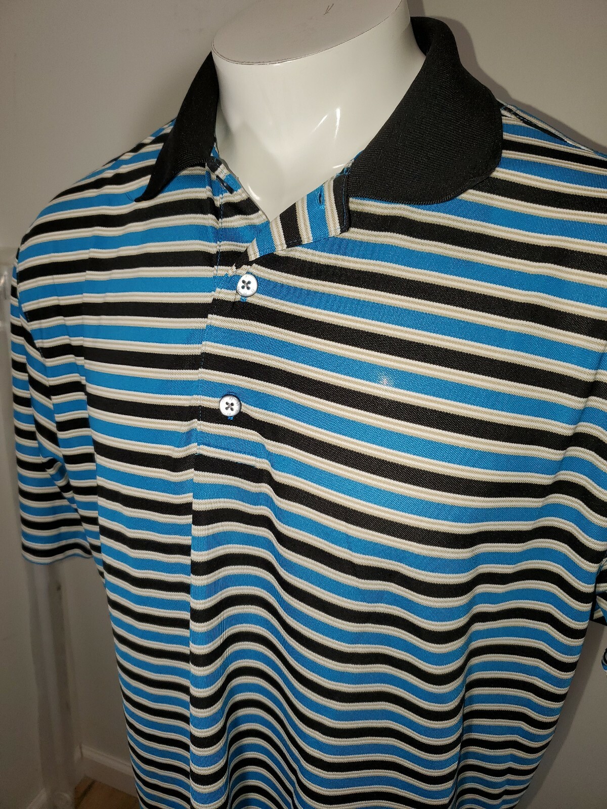 EUC FootJoy Blue Black Stripped Golf Polo Mens Size XL Polyester Spandex Blend