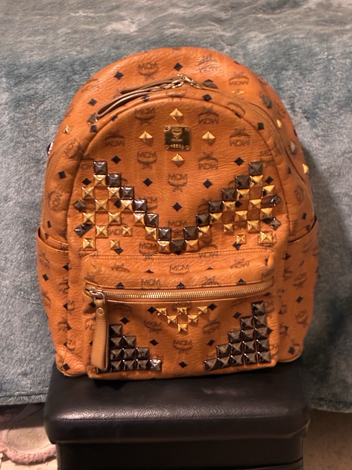 MCM Brown Logo Studded Zip Backpack Gold Hardware Women’s Designer Bag