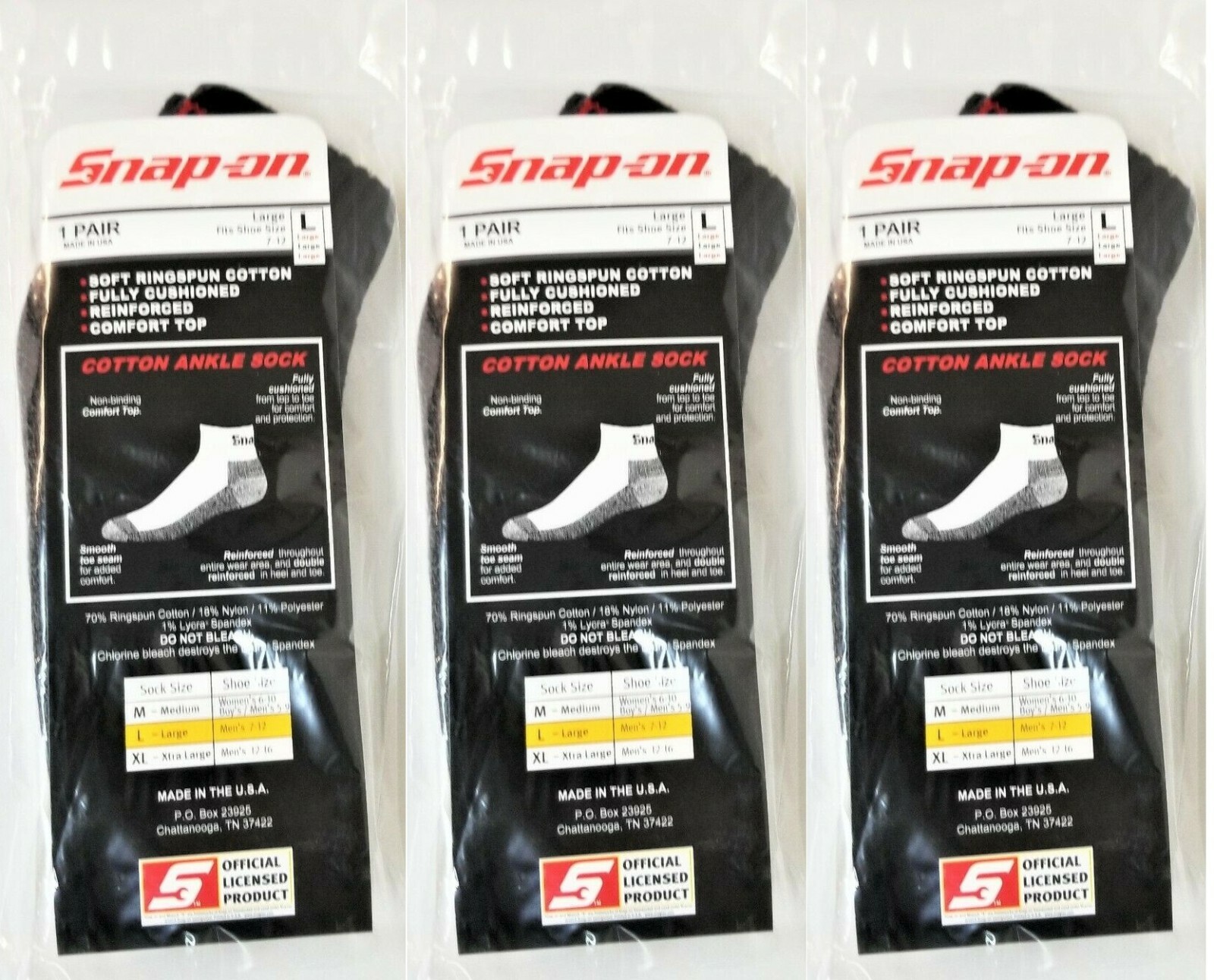 6 PAIRS Men’s BLACK Snap-On Ankle Socks LARGE *FREE SHIPPING* MADE IN USA *NEW*