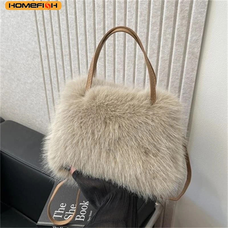 Faux Fur Tote Bag Women’s Bucket Plush Luxury Design Ladies Handbags