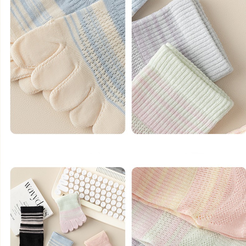 5Pack Women Five Finger Toe Socks Crew Sport Colors Mesh Casual Calf Striped 5-9