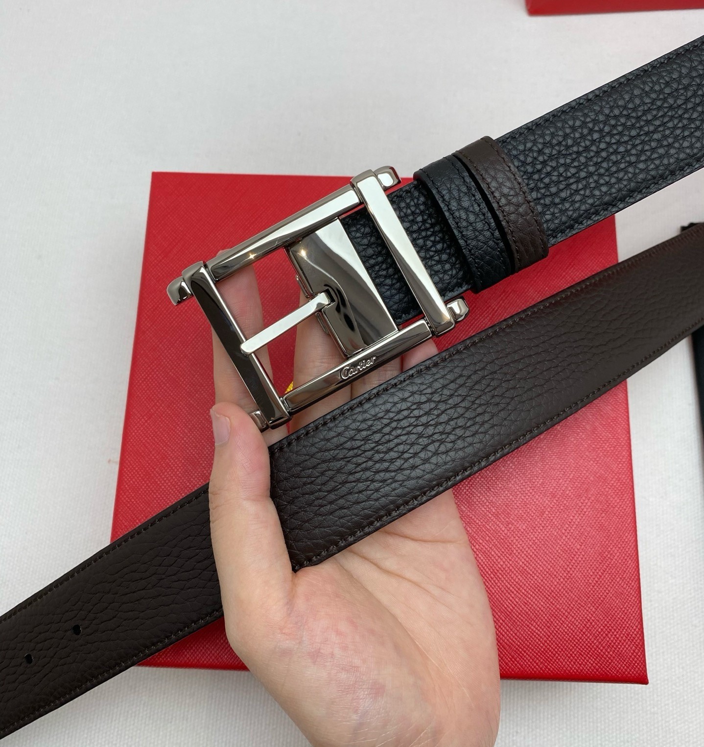 Cartier Black and brown double-sided cowhide men’s Lead colored buckle belt