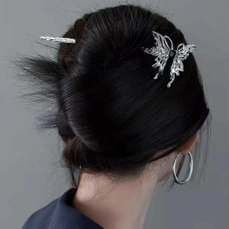 Elegant Black & Silvery Hollow Out Butterfly Chinese Hairpin 15 Cm