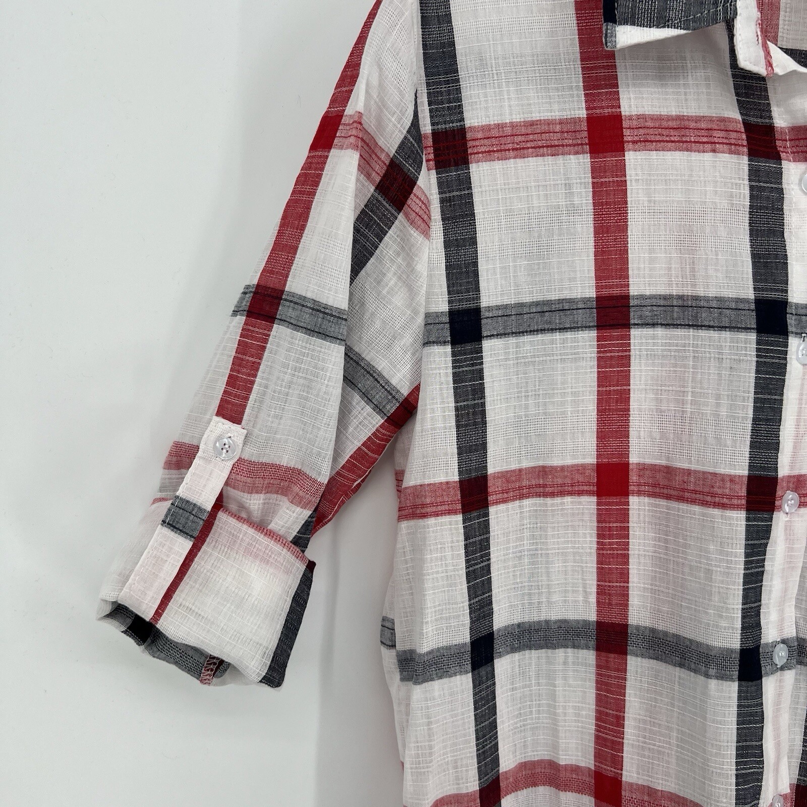 Mybeloved Top Women’s White, Red & Navy Plaid Button-Up w/Roll Tab Sleeves NWOT