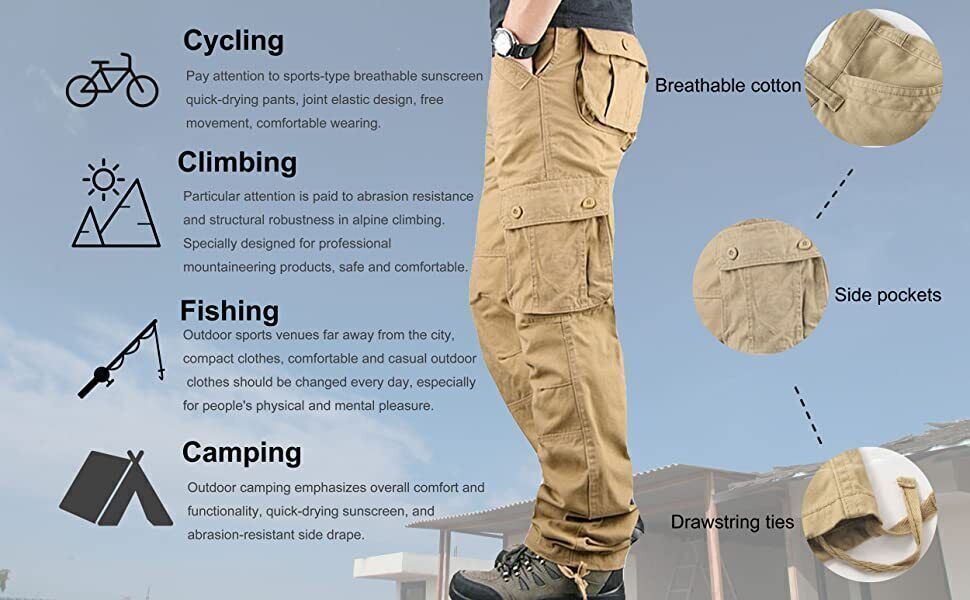 8 Pockets Men’s Cargo Pants Cotton Work Trousers Tactical Combat Outdoor Pants