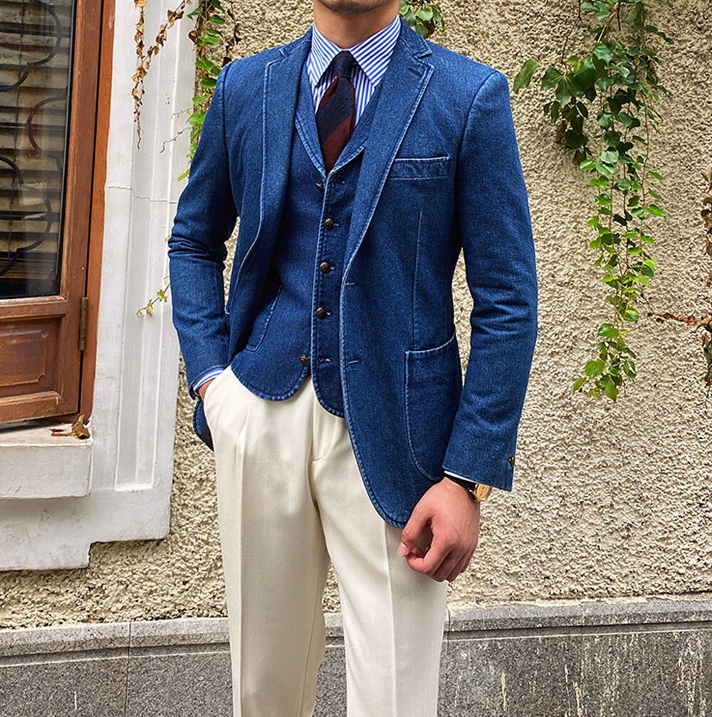 Denim Men Suits Single-Breasted Jacket Notch Lapel Blazer Business Casual Wear