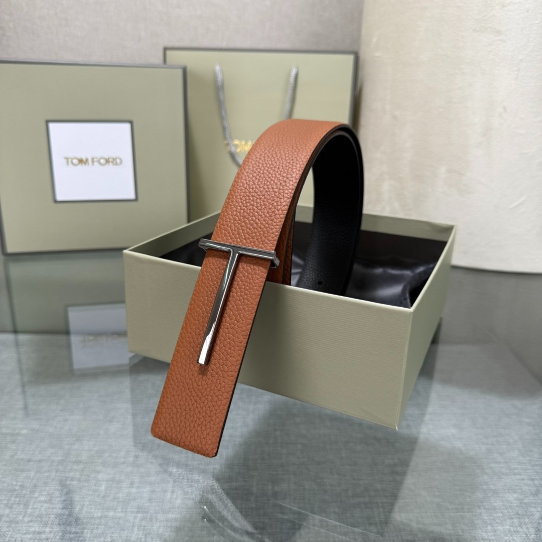 Tom Ford Belt T-Buckle Reversible Brown/Black Calfskin Leather Belt