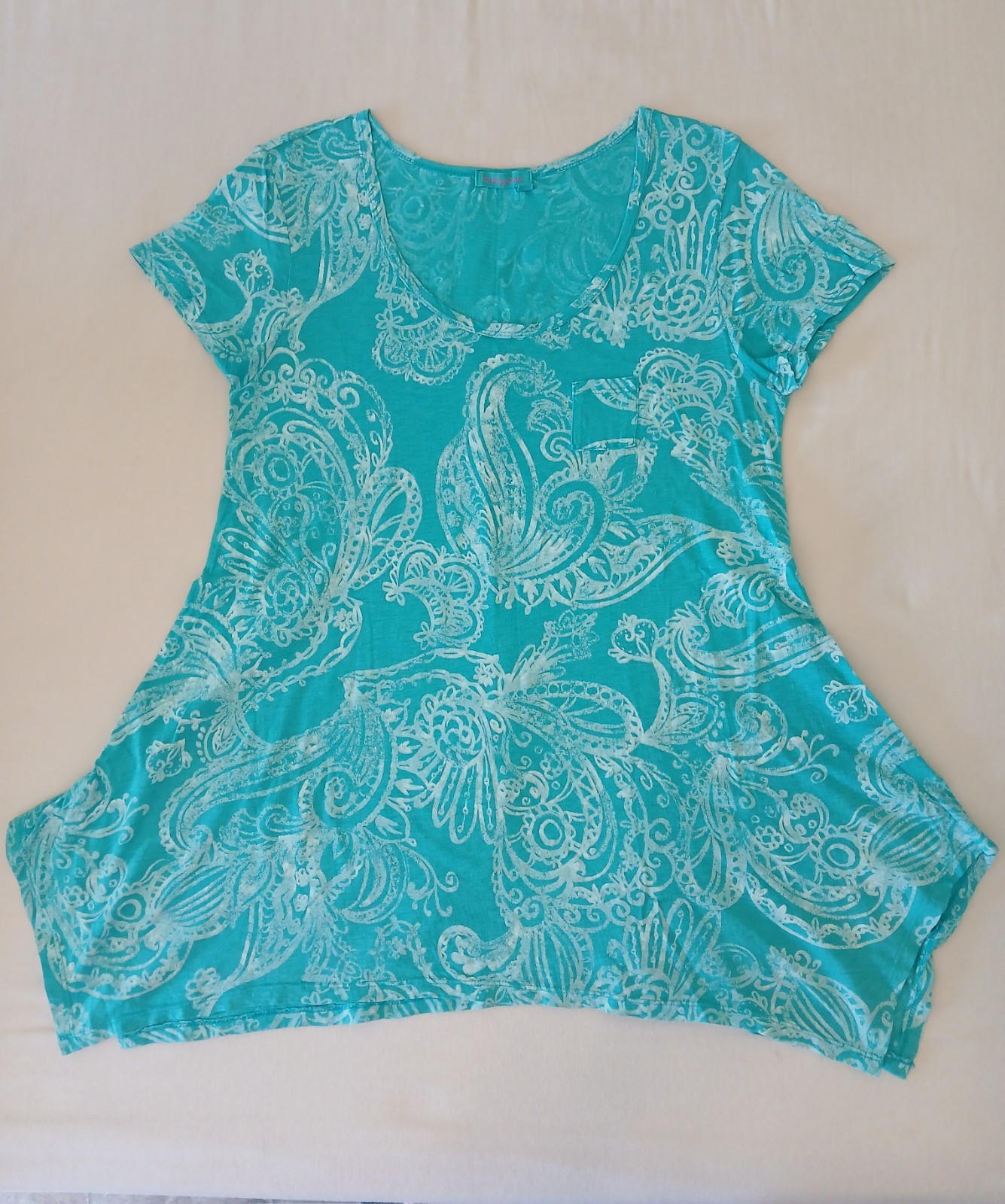 Fresh Produce Women’s Tunic Top XL Turquoise/White Paisley Cotton Knit Scoop
