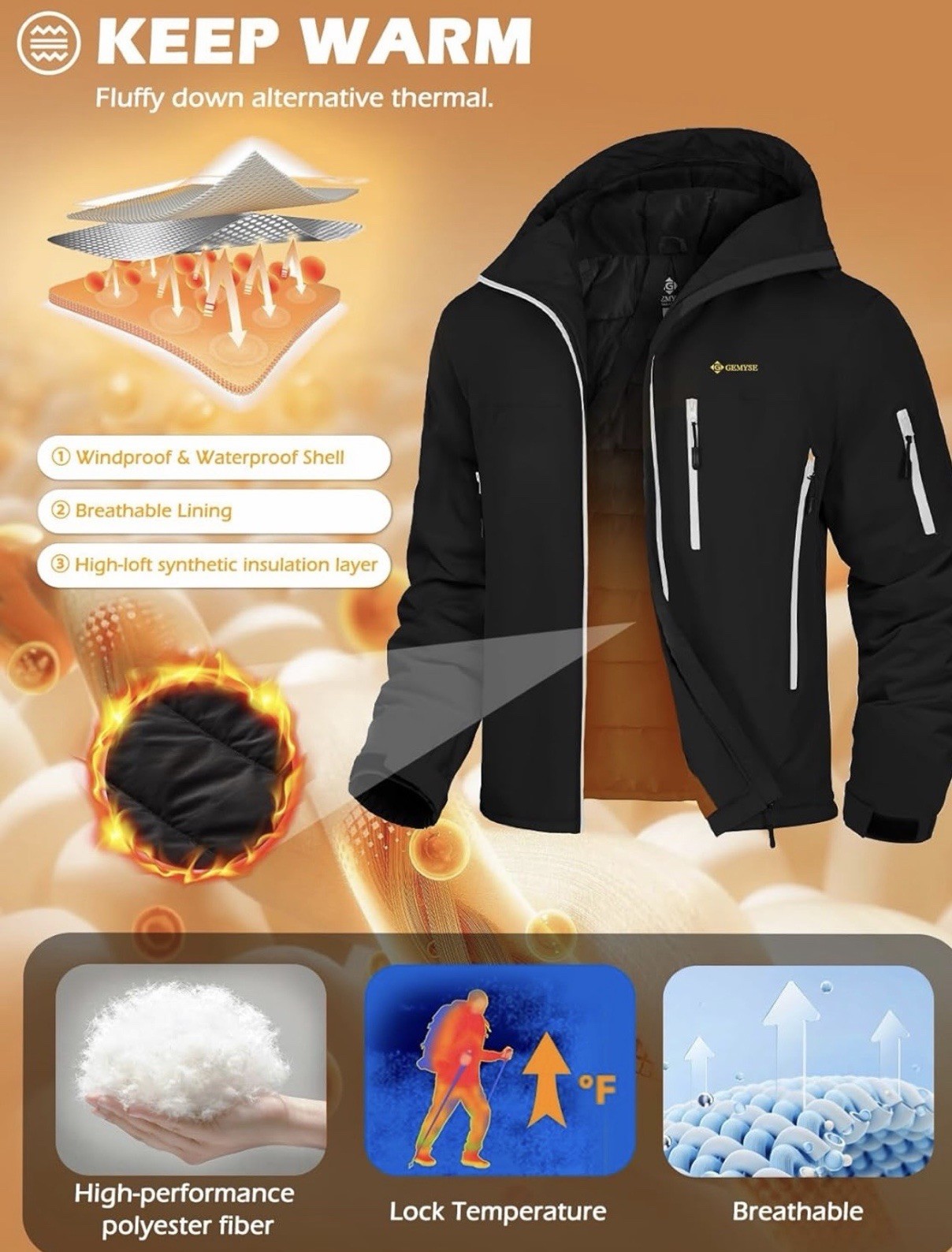 GEMYSE Men’s Mountain Waterproof Ski Snow Jacket Winter Rain Proof NEW Size Xl