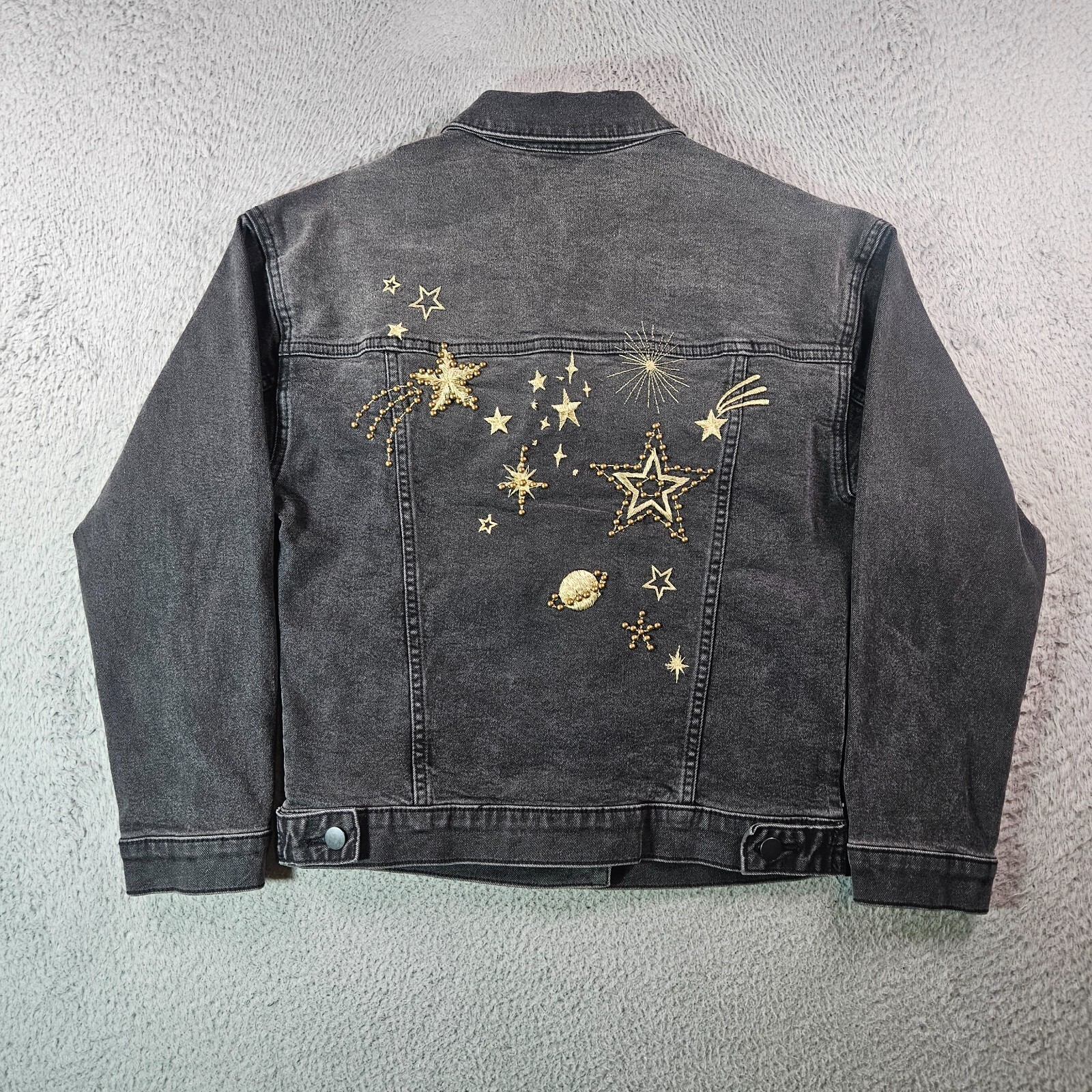 $178 NWT Driftwood Denim Jacket Women XS Studded Gold Star Embroidered Black