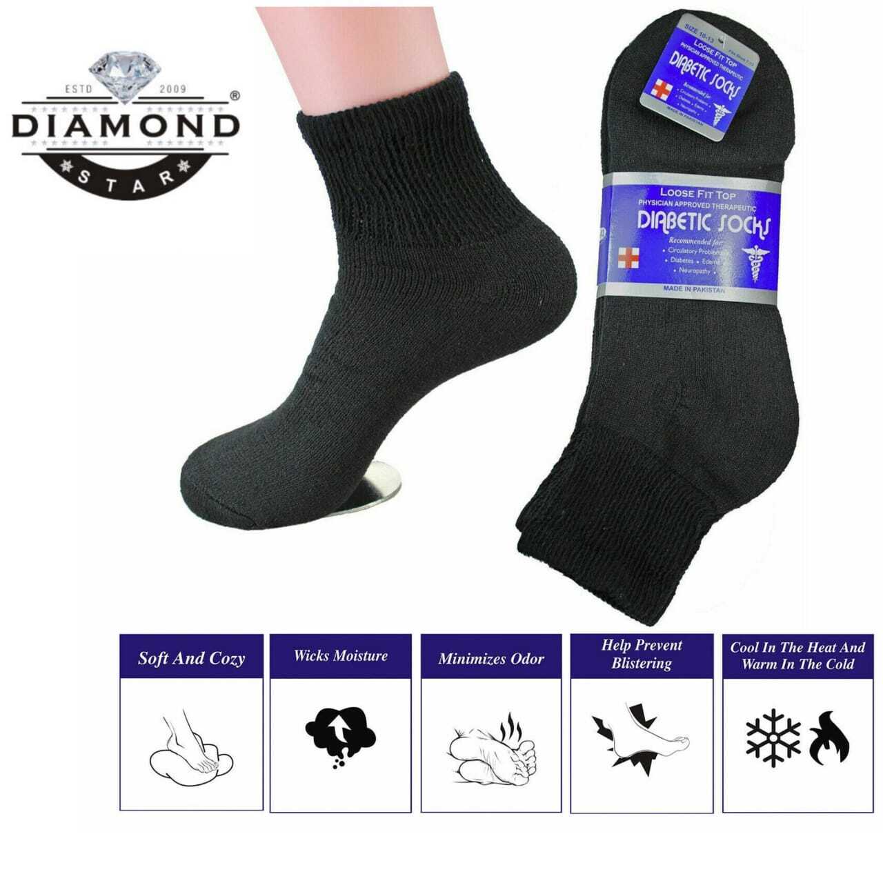 6 Pairs Black Diabetic Ankle Quarter Crew Socks Health Circulatory Cotton Men’s