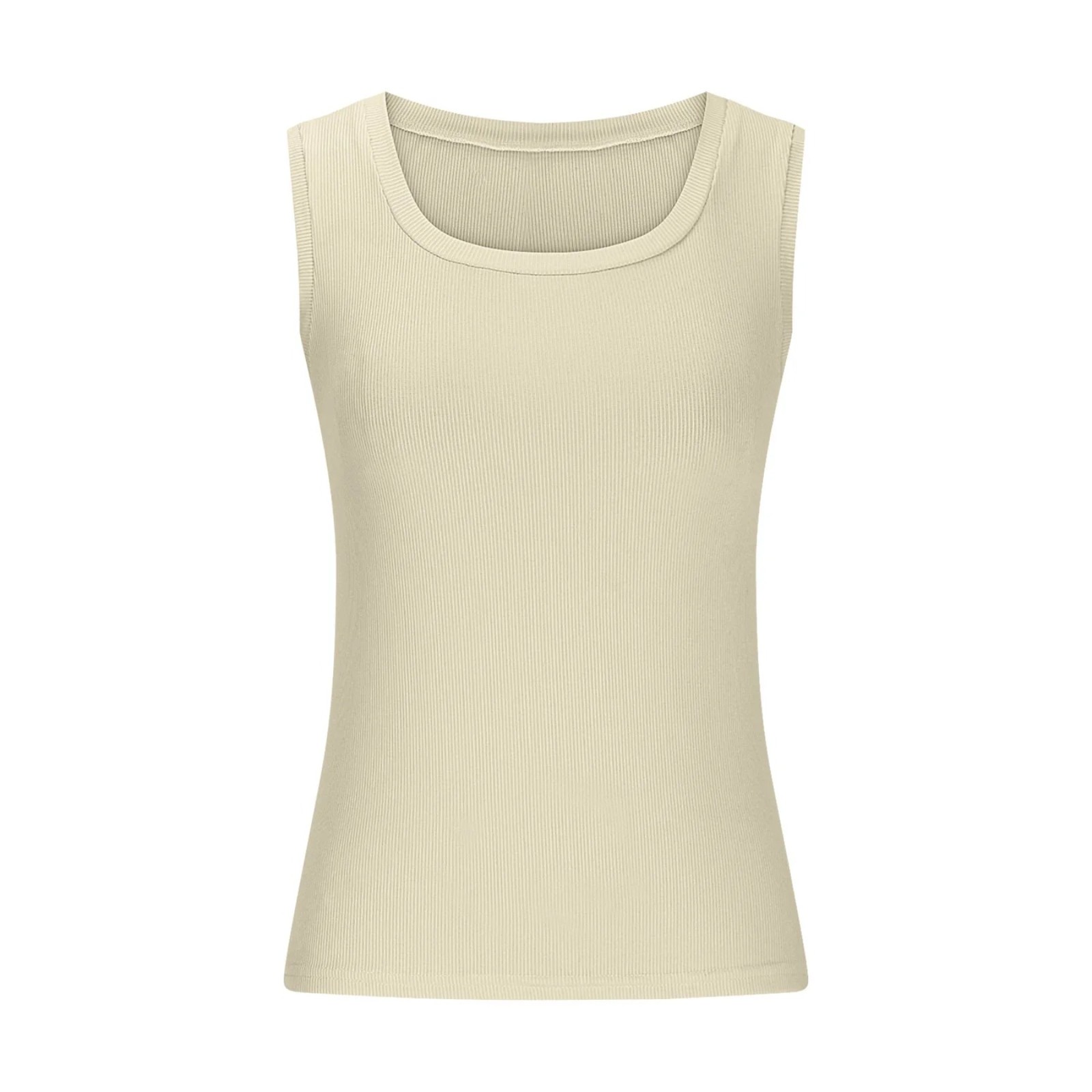 Women Tank Top Summer Round Neck Wide Straps Fitted Ribbed Knit Basic Cami Top