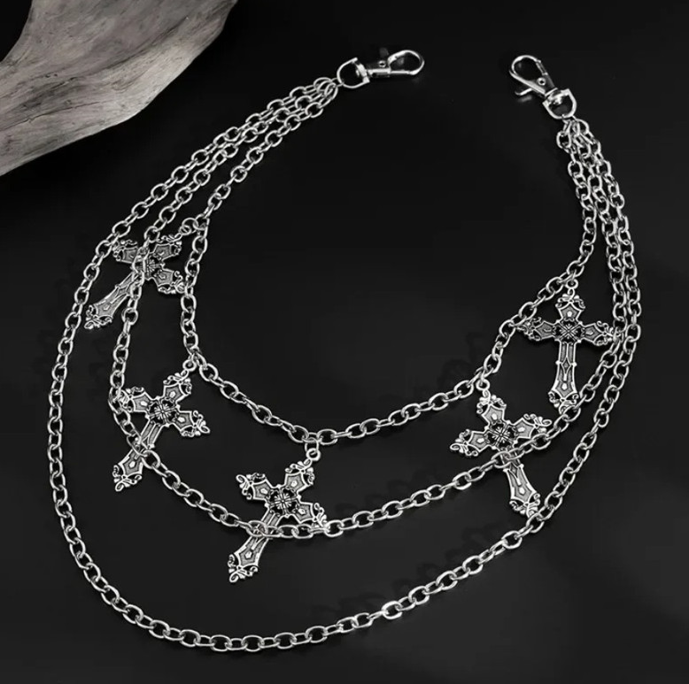 1pc Fashion Punk Metal Pants Chain Silver Cross Hip Hop Waist Accessory – NEW